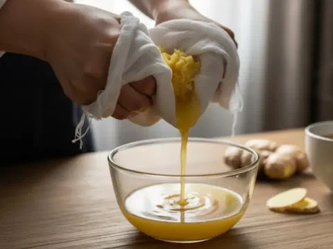 Jarabe de jengibre casero, colando el jengibre exprimido en un bowl