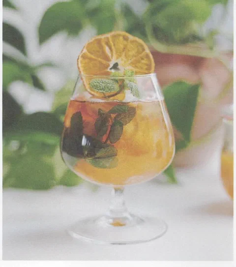 Ade de mandarina pelada y menta, con hojas de menta y fruta deshidratada de decoración