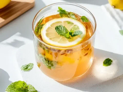Detox de hinojo y menta, con rodaja de limón y menta al costado