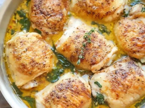 Pechuga de pollo dorada, bañada en salsa de limón y mantequilla con hierbas
